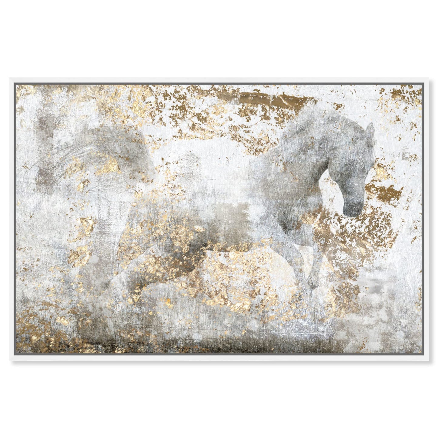 Country Farmhouse Canvas Print Painting Animal Wall Art 'Running Horse' White Framed Canvas Rustic Home Décor 54x36 in White, Gold by Oliver Gal