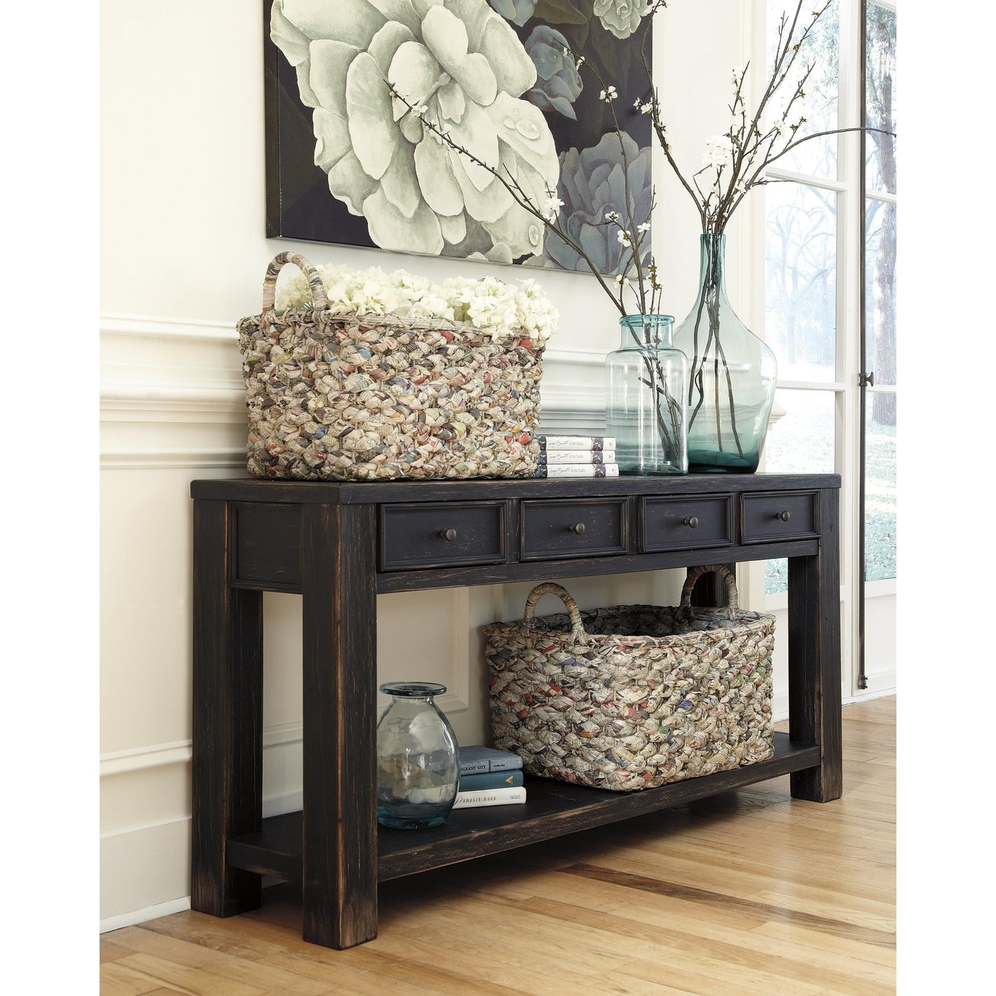 Signature Design by Ashley Gavelston Rustic Sofa Table with 4 Drawers and Lower Shelf, Weathered Black