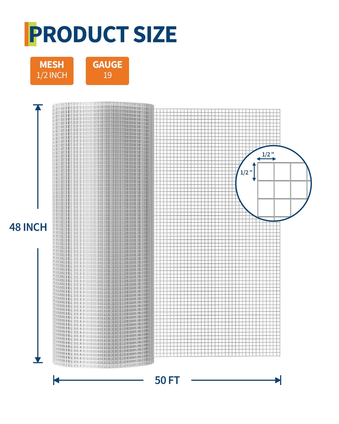 GarveeTech 1/2 inch 48 inch x 100 FT Hardware Cloth, 19GA Chicken Wire Fencing, Galvanized Welded Wire Mesh Roll for Poultry Netting Cage, Chicken Coop, Silver