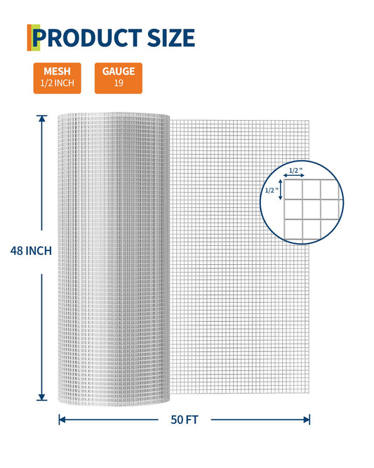 GarveeTech 1/2 inch 48 inch x 100 FT Hardware Cloth, 19GA Chicken Wire Fencing, Galvanized Welded Wire Mesh Roll for Poultry Netting Cage, Chicken Coop, Silver
