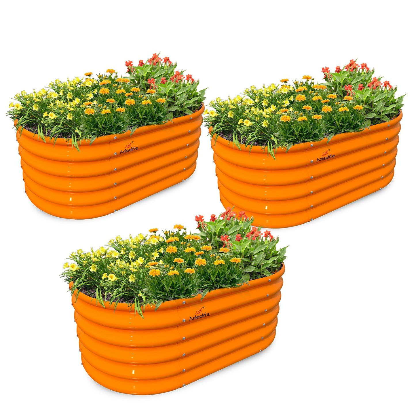 A ANLEOLIFE Kids Raised Garden Beds Outdoor (3-Pack)-40x24x18in Oval Round Galvanized Metal Planter Box for Planting Vegetables, Flowers, Fruits, Eco-Safe & Easy Setup, Peach Orange