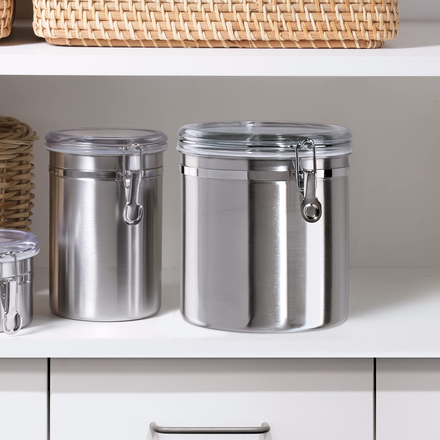 Oggi Stainless Steel Kitchen Canister 62 fl oz - Airtight Clamp Lid, Clear See-Thru Top - Ideal for Kitchen Storage, Food Storage, Pantry Storage. Large Size 5" x 7.5".
