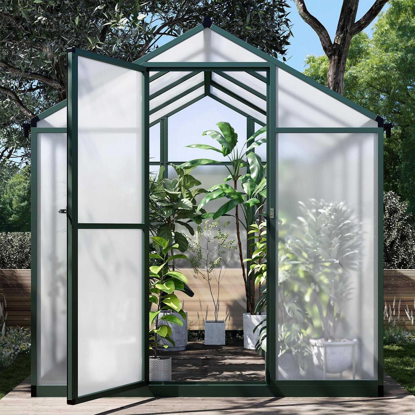 Garvee 6x8 FT Greenhouse for Outdoors, Polycarbonate Greenhouse with Quick Setup Structure and Roof Vent, Aluminum Large Walk-in, for Outside Garden Backyard, Green