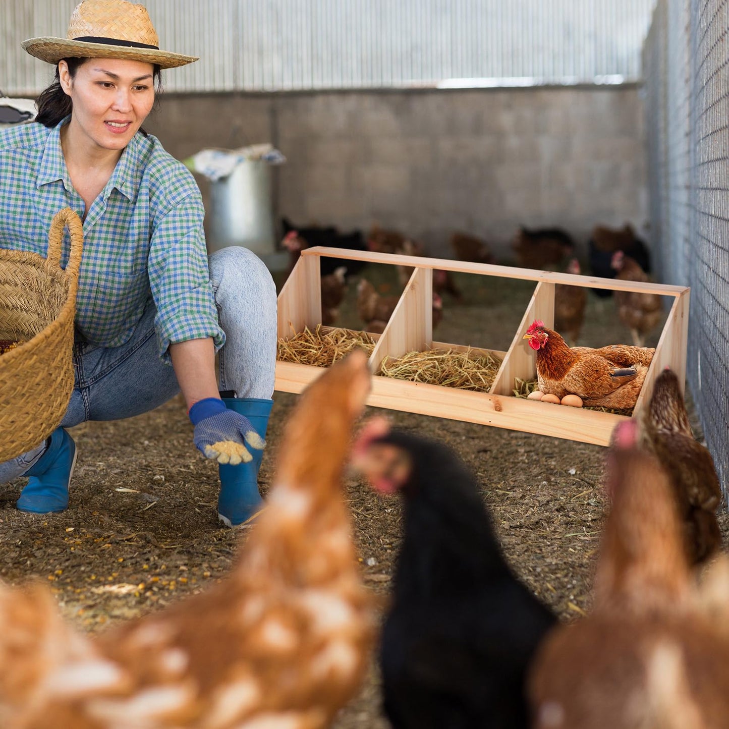 Nosiny Triple Nesting Boxes Wood Chicken Nesting Box 3 Compartment Room Hen Chicken Laying Boxes Versatile Use Easy Assemble for Duck Poultry, 37.4 x 12.8 x 11.2 Inch, Brown