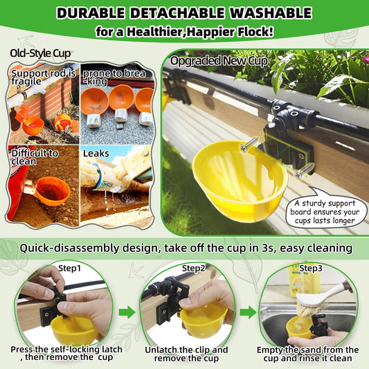 Complete Set Pipeline Automatic Chicken Waterer System, Innovative Quick-Connect Water System with Large Size Water Cups Removable and Washable, 18ft Pipeline and Float Valve (Yellow, 6Cup)