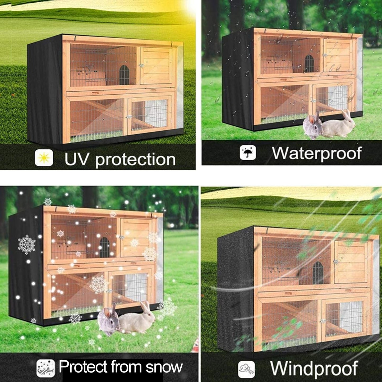 Rabbit Hutch Cover Outdoor Waterproof Pet Cage Dust Cover for Winter, Double Decker Bunny Hutch Protection with Visible Window & Vent Holes, 210D Oxford Dust-Proof Cover for Poultry Cage (Grey)