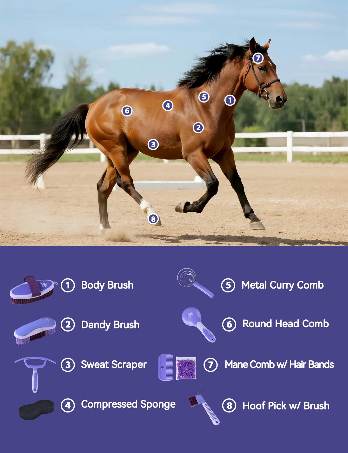 Furrishine 9PCS Horse Grooming Kit Curry Comb Sweat Scraper Horse Bathing Supplies Grooming Tools with Storage Bag Sugar Taro