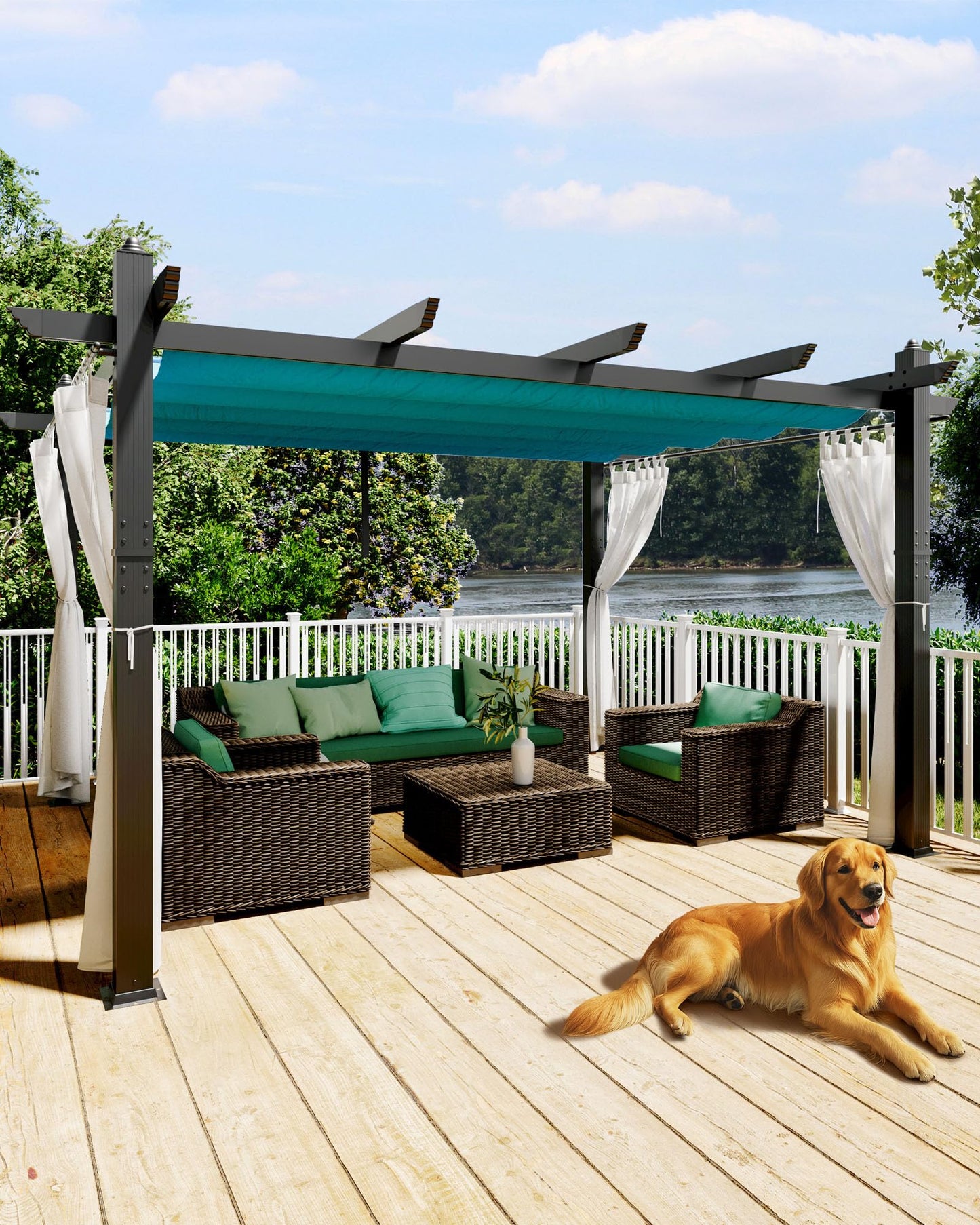 Garvee 10x13 Ft Outdoor Pergola with Retractable Canopy & Side Mesh Screen Gray Column Patio Gazebo for Garden Grape Trellis Backyard Deck(Blue+White)