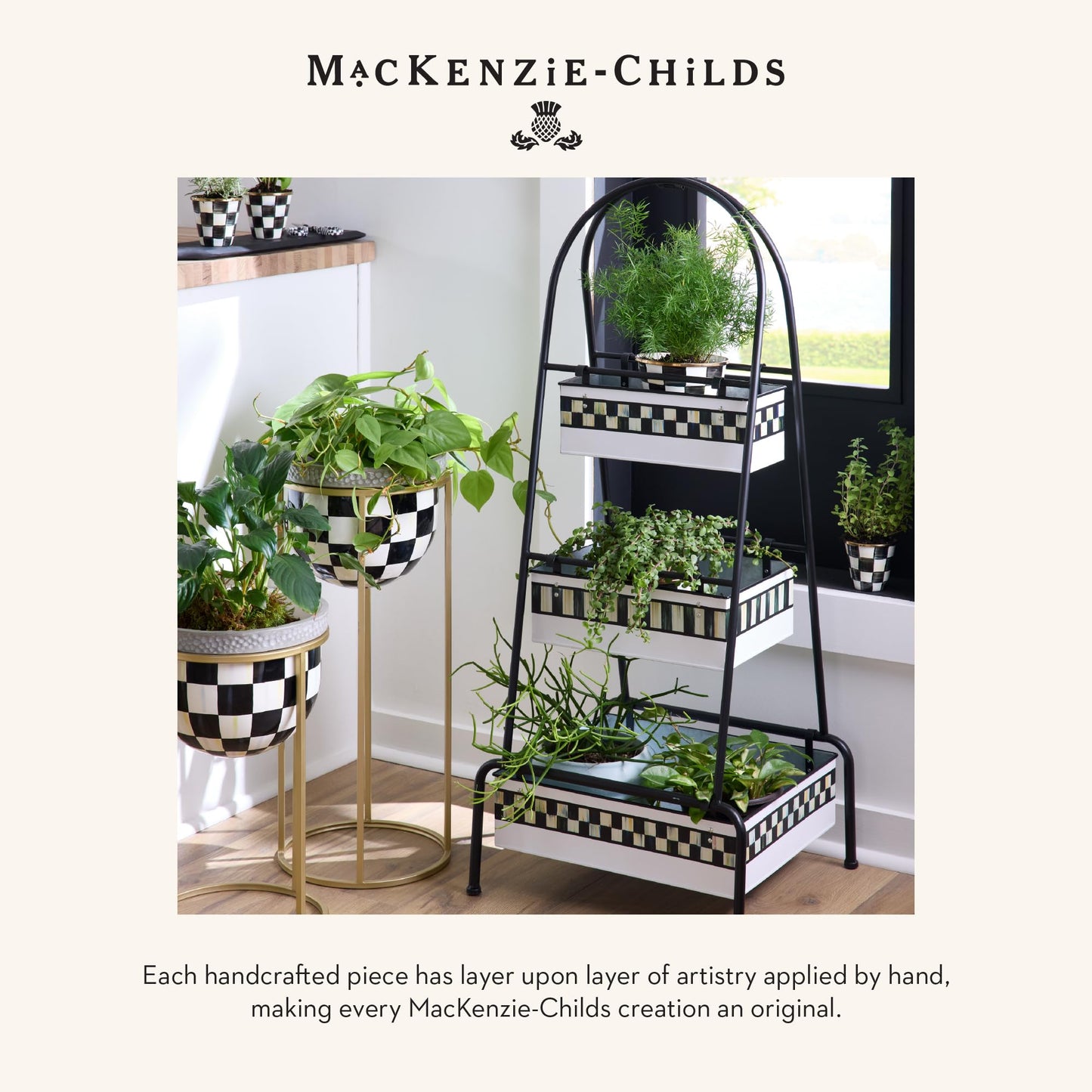 MACKENZIE-CHILDS Set of 2 Check It Out Metal Planters, Black-and-White Garden Planter