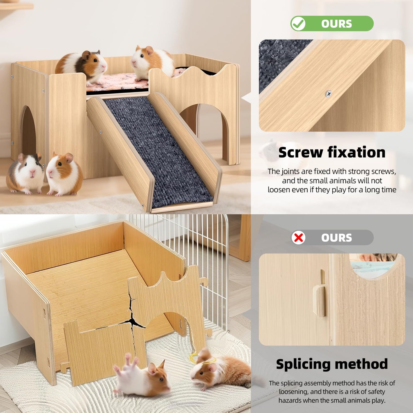 Large Guinea Pig Castle, Sturdy Wooden Small Animal Bed Platform, Upgraded Wooden Guinea Pig Castle with Anti-Slip Stairs, Easy to Assemble, Perfect for Hamsters and Rabbits to Play and Hide
