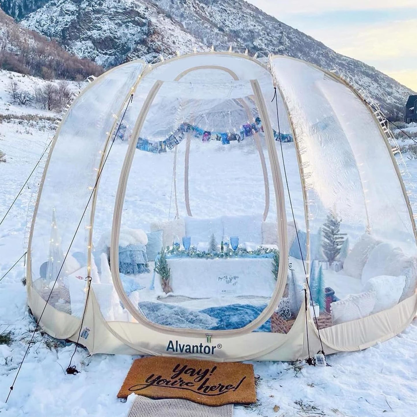 Alvantor Pop Up Bubble Tent - 12’ x 12’ Instant Igloo Tent - 8-10 Person Screen House for Patios - Large Oversize Weather Proof Pod - Cold Protection Camping - Beige