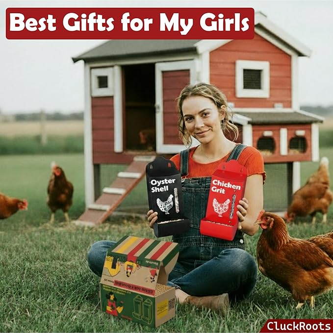 Chicken Coop Accessories Oyster Shell Feeder & Chicken Grit Feeder Set, No-Waste All‑Weather Thick‑Wall Design, Lift-Off Wall-Mounted Gravity Dispenser w/Rain Lid, Chickens Gifts for Chickens Lovers