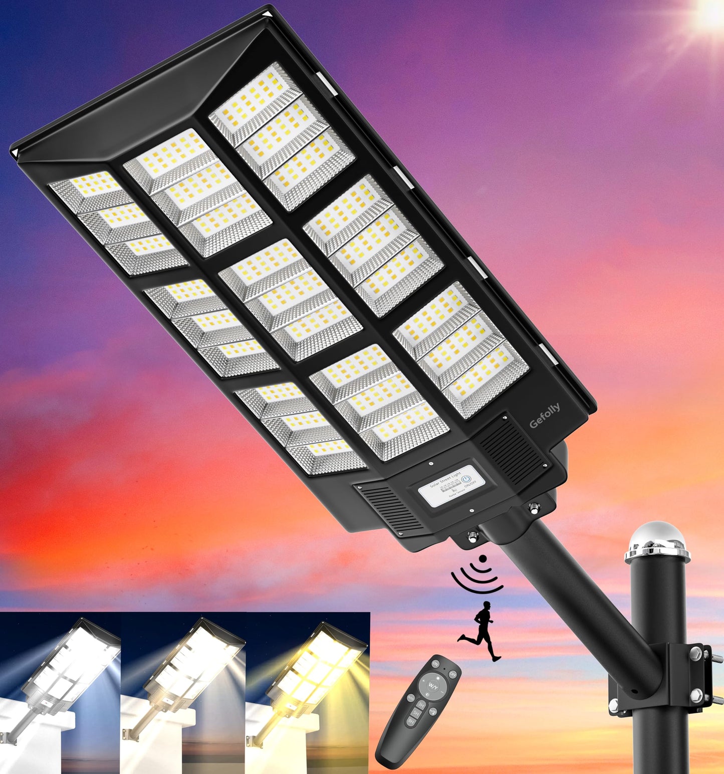 Gefolly SL-7200W Solar Street Light Outdoor, Wide Angle 450000LM 3000K/4000K/6500K Commercial Parking Lot Light Dusk to Dawn, IP67 Flood Outdoor Lamp for Basketball Court, Road, Yard