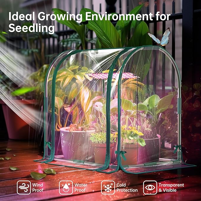Bstrip Mini Indoor Greenhouse with Grow Lights, 27.2" L X 19.9" W X 27.2" H Desktop Small Greenhouse with Zippered Door and PVC Cover for Seed Starting, 1.6FT Plant Light for Indoor Plants with Timer