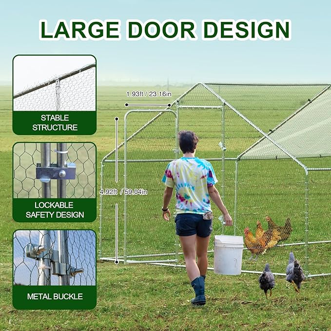 Chicken Coop Large Metal Chicken Run, Outdoor Walk-in Poultry Spire Roof Cage with Chicken Perch for Hen House, Duck Coop and Rabbit Run, Silver (9' L x 13.1' W x 6.56' H)