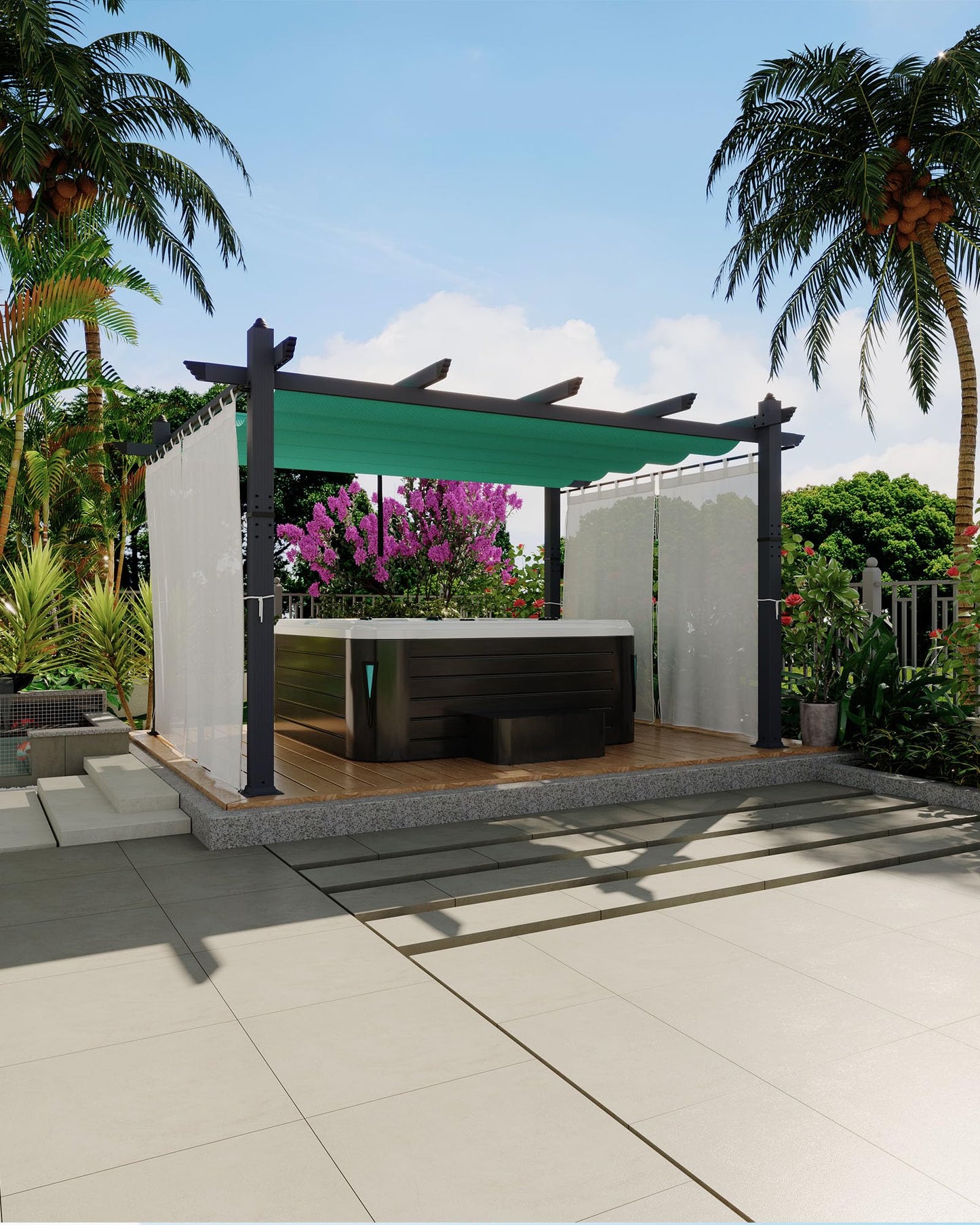 Garvee 10x13 Ft Outdoor Pergola with Retractable Canopy & Side Mesh Screen Gray Column Patio Gazebo for Garden Grape Trellis Backyard Deck(Blue+White)