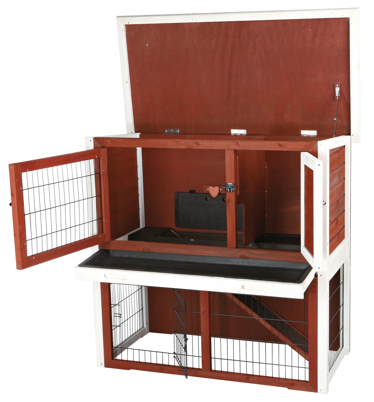 TRIXIE natura Outdoor Rabbit Hutch with Run - 2-Story Rabbit Cage with Non-Slip Ramp - Medium Elevated Small Animal House with Secure Playpen, Hinged Roof & Pull-Out Tray - in Auburn/White