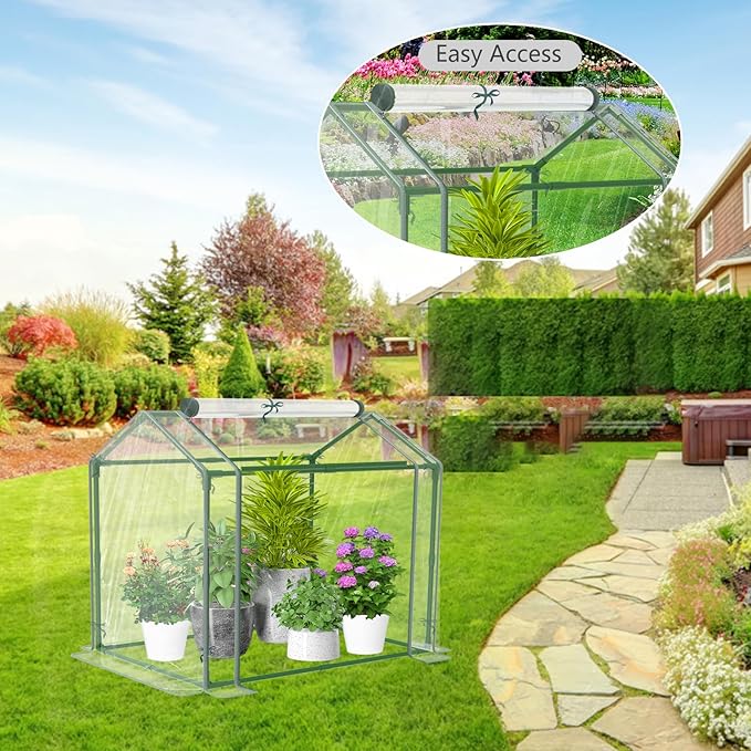 Esbaybulbs Mini Greenhouse with PVC Cover and Roll-Up Zipper Door, 33.5'L x 23.2'W x 32.5'H, Transparent, Steel Frame, Roll-Up Door, Garden Greenhouse