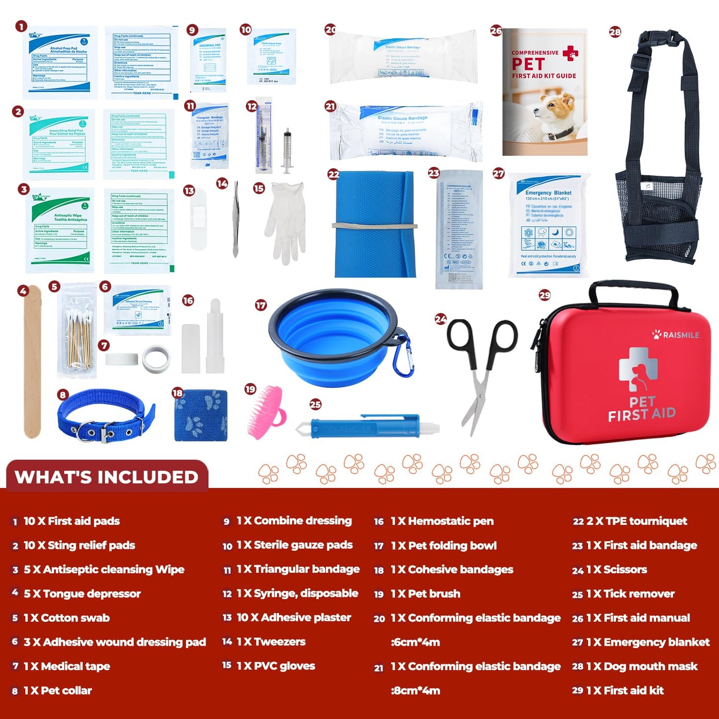 Raismile Dog First Aid Kit, Pet First Aid Supplies for Treat Dogs & Cats in an Emergency, Ideal for Use at Home, Outdoors, Traveling