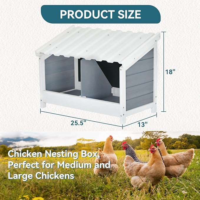 PETSFIT 2 Holes Chicken Nesting Box-All Weather PVC Roof, Natural Wood Design with Privacy Back Panel for Hens-Wall Mounted or Floor Use in Coops, Farms, Backyards,Easy to Assemble and Clean