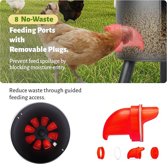 KOL 75 LB Large Free Standing Chicken Feeder, Portable Gravity Chicken Feeder Automatic, Dispenser, 8 Feeding Ports Poultry Feeder for Chicken Rooster & Hen (Black)
