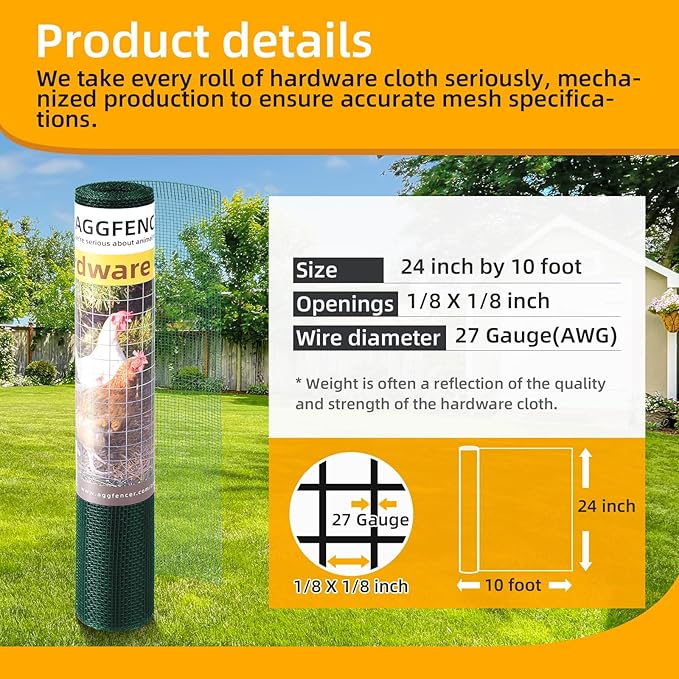 24in x 10ft Green Hardware Cloth 1/8 inch 27Ga PVC Coated Wire Mesh Vinyl Coated Galvanized Wire Mesh Screen Roll, Welded Metal Chicken Wire Fencing, for Garden Plant Fencing Bee Screen
