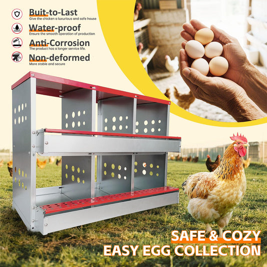 Chicken Nesting Boxes,6 Compartments Metal Chicken Laying Box with Roll Out Egg Collection with Large Vented Holes for Chickens, Hens, Ducks, Large Egg Laying Boxes (6 Compartments)