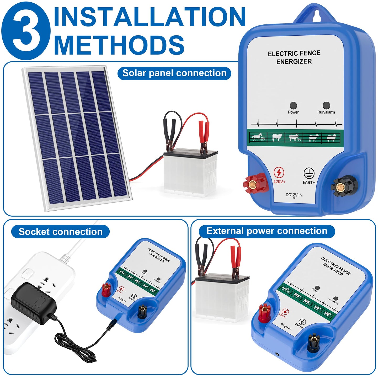 Electric Fence Charger - 12 kV 3 Joules High-Power Electric Fence Energizer for Garden, Chicken, Cattle，Pet，AC/12V/Solar Powered, Weather-Resistant, Safe & Durable for Livestock & Pets