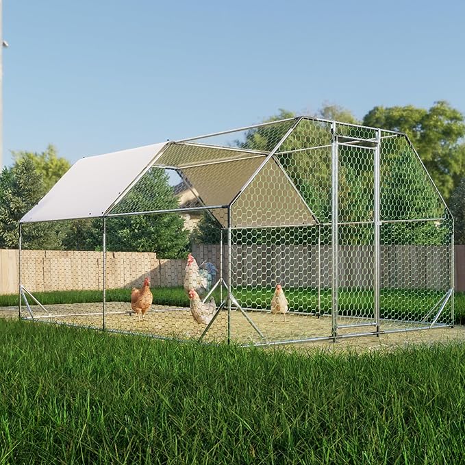 Large Metal Chicken Coop,10x13x6.36 ft Walk-in Chicken Runs for Yard with Waterproof Cover, Flat Shaped Chicken House with Door for Outdoor and Backyard, Farm, Duck Rabbit Cage
