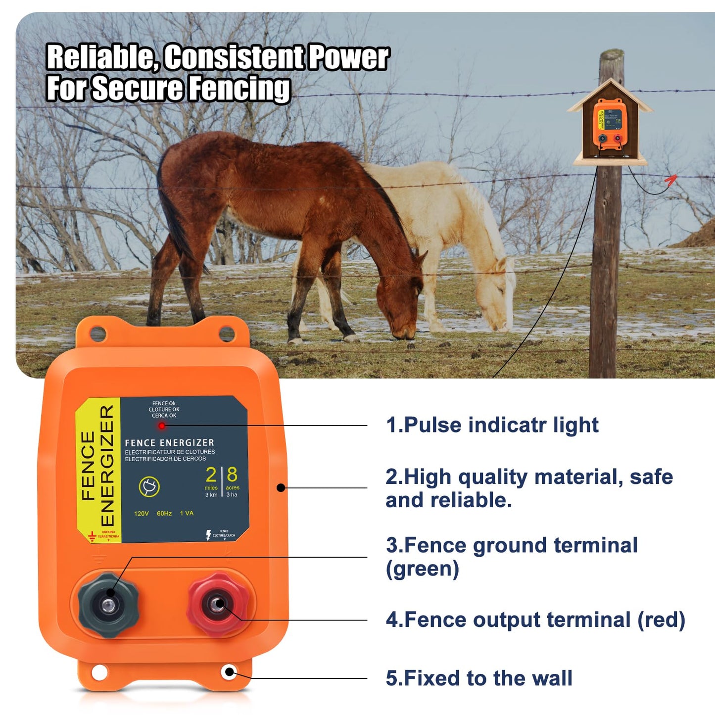 Electric Fence Energizer, 2-Mile/ 8 Acres Plug in Electric Fence Charger, Livestock Fence Charger for Dogs, Raccoons, Livestock, Squirrels, Chicken Coops, Skunks intruding, 0.1 Joule