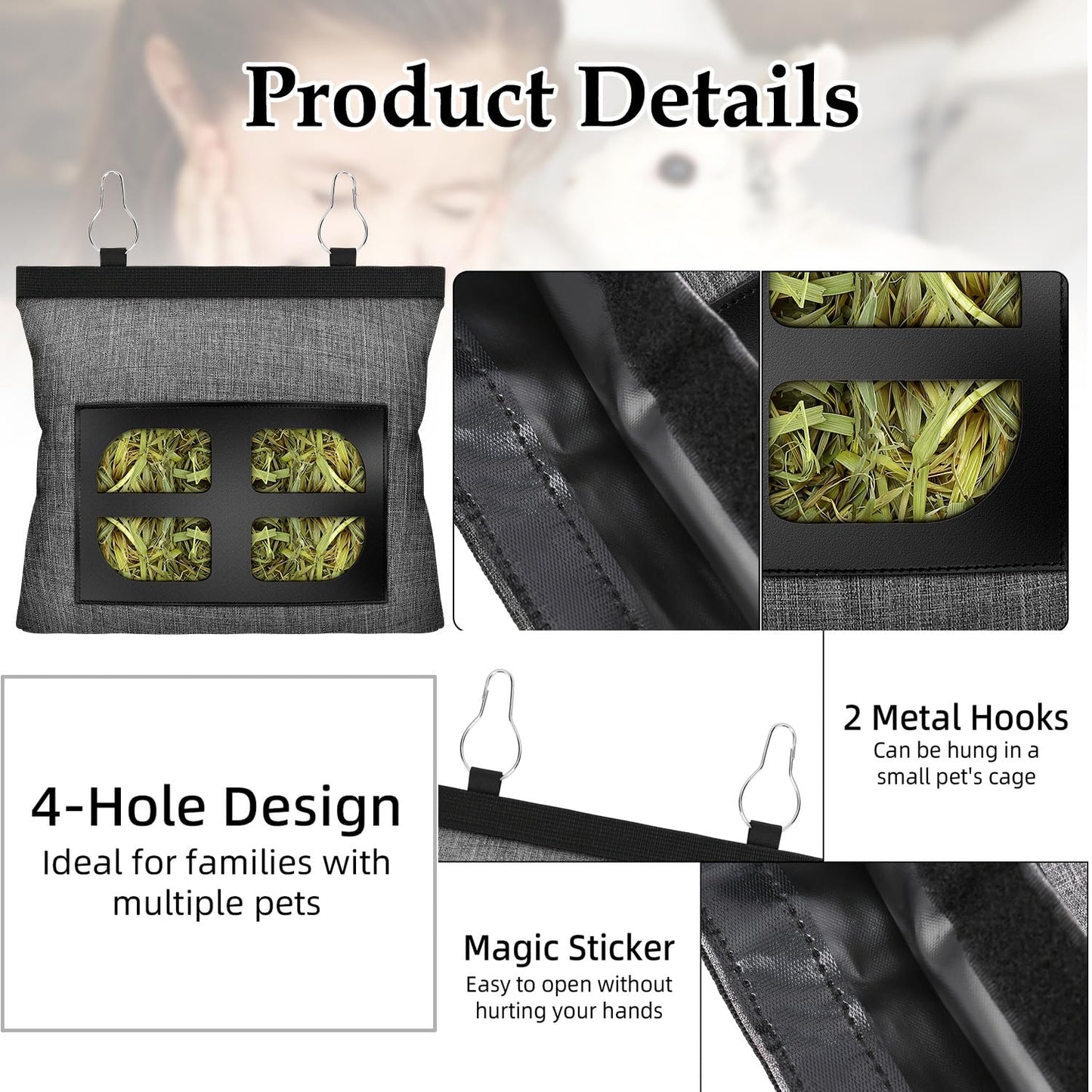 Rabbit Hay Feeder.Guinea Pig Hay Feeder.Bunny Hay Feeder.Rabbit Hay Feeder Bag, Bunny Hay Bag for Rabbits,4 Holes Rabbit Hay Feeder Fabric Bag (Gray)