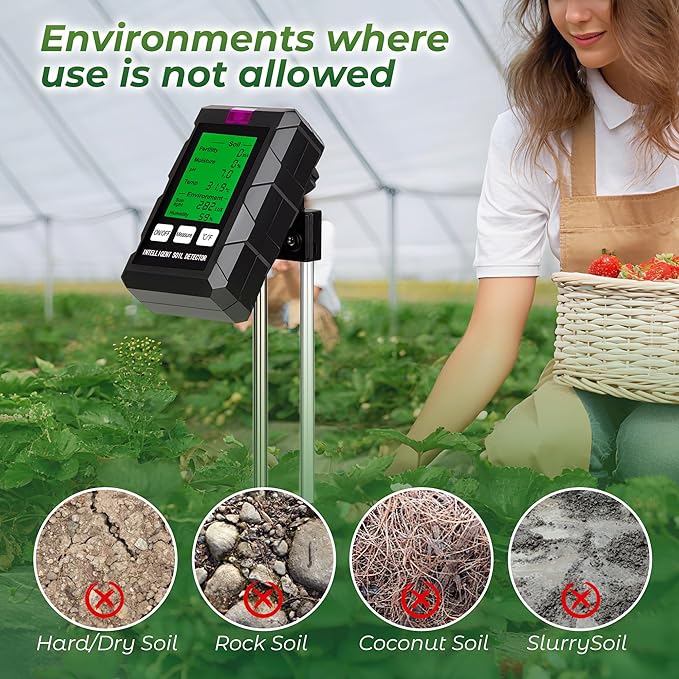 Walensee 6-in-1 Digital Soil Tester,Moisture Meter/Soil pH Tester/Fertility(EC)/Temperature/Light/Air Humidity Sensor, Plant Water Meter for Gardening,Lawns,Farms,Indoor & Outdoor Plants