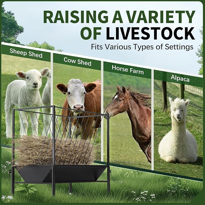 Heavy Duty Hay Feeder for Goats – 45 Gallon Feeder with 24 Gallon Grain Tray for Horses, Calves, and Livestock – Durable Goat Feeder for Farm Use