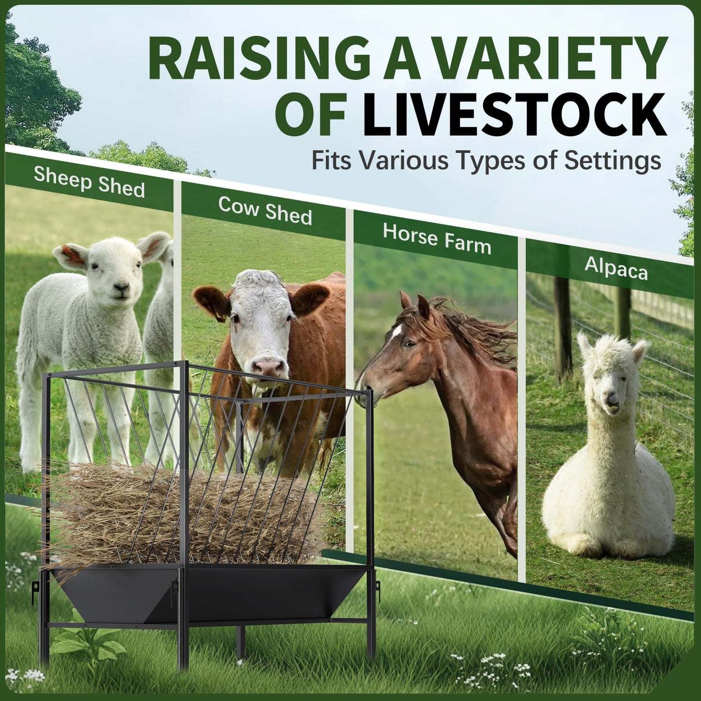 Heavy Duty Hay Feeder for Goats – 45 Gallon Feeder with 24 Gallon Grain Tray for Horses, Calves, and Livestock – Durable Goat Feeder for Farm Use