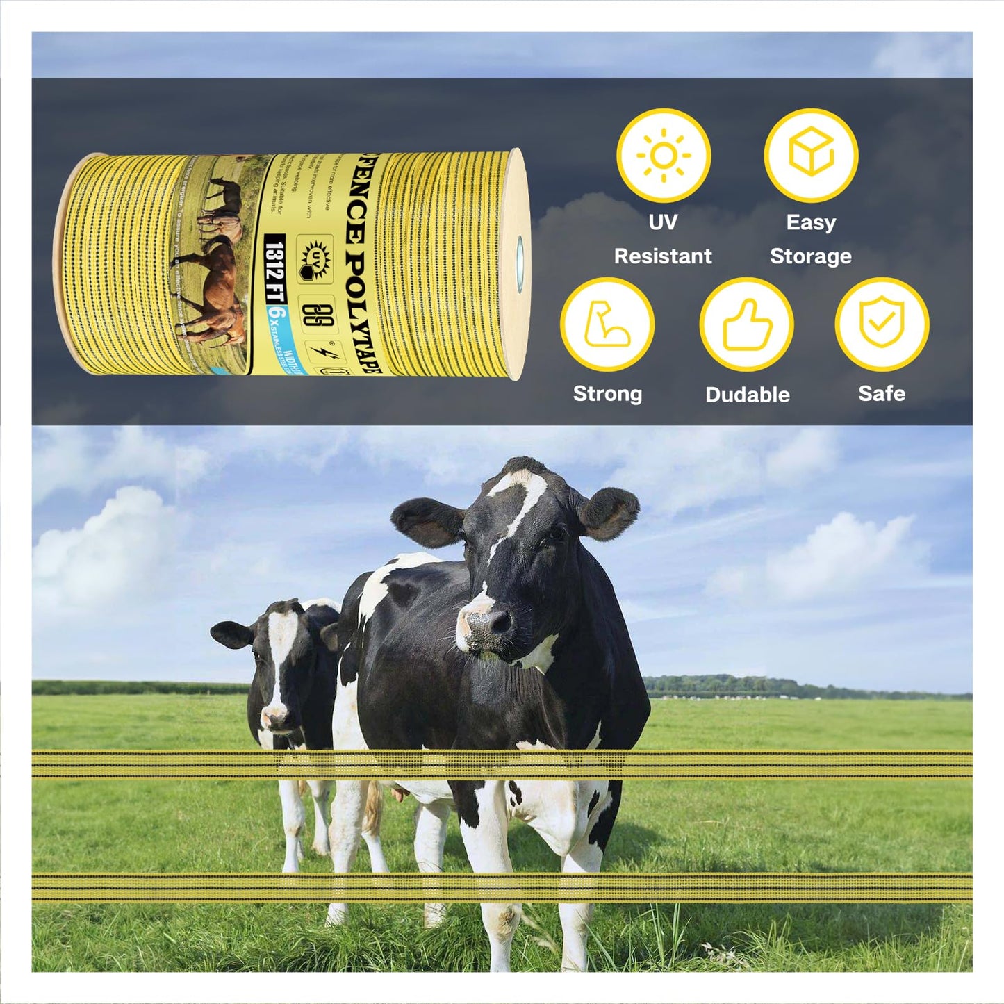 LIFENCE Electric Fence PolyTape Horse Fencing Tape 1312 Feet 400m, High Visibility 0.8 Inch 20mm Width, 6 Strong Stainless Steel Conductors, Yellow and Black, Equine Horse Livestock Electric Fencing