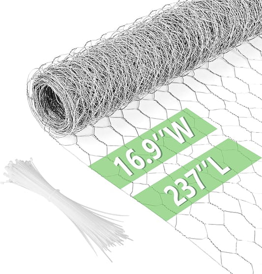 Chicken Wire 16.9 in x 237 in Poultry Wire Netting Hexagonal Galvanized Mesh Garden Fence Barrier for Pet Rabbit Chicken Fencing with 100 Pcs Cable Zip Ties