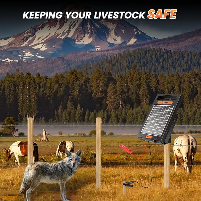 24 Hour Solar Electric Fence Charger, 10 Miles, Up to 10200v Output Range Electric Fence Charger, 0.18J Portable Energizer with Rechargeable Solar Panel for Livestock & Predator Protection