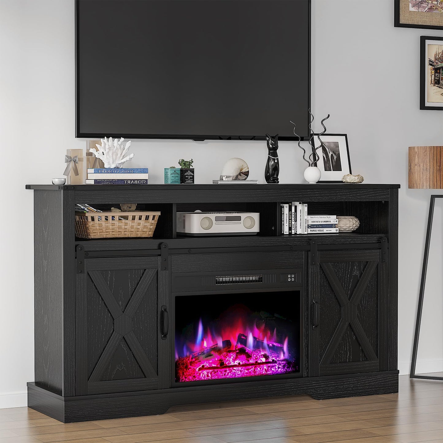 RoyalCraft Farmhouse Fireplace TV Stand for 65+ Inch TV, Entertainment Center with 23" Electric Fireplace with Remote, 34" Tall Modern Rustic TV Console with Sliding Bar Door for Living Room, Black