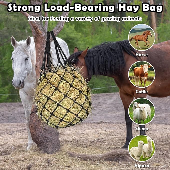 2PCS Hay Net for Horses - Ultra Slow Feed Hay Net with 2 Pairs Gloves, 2.36"x2.36" Holes 40” Heavy-Duty Horse Slow Feed Hay Nets for Stall, Trailer, Pasture - Strong & Durable Hanging Feeders