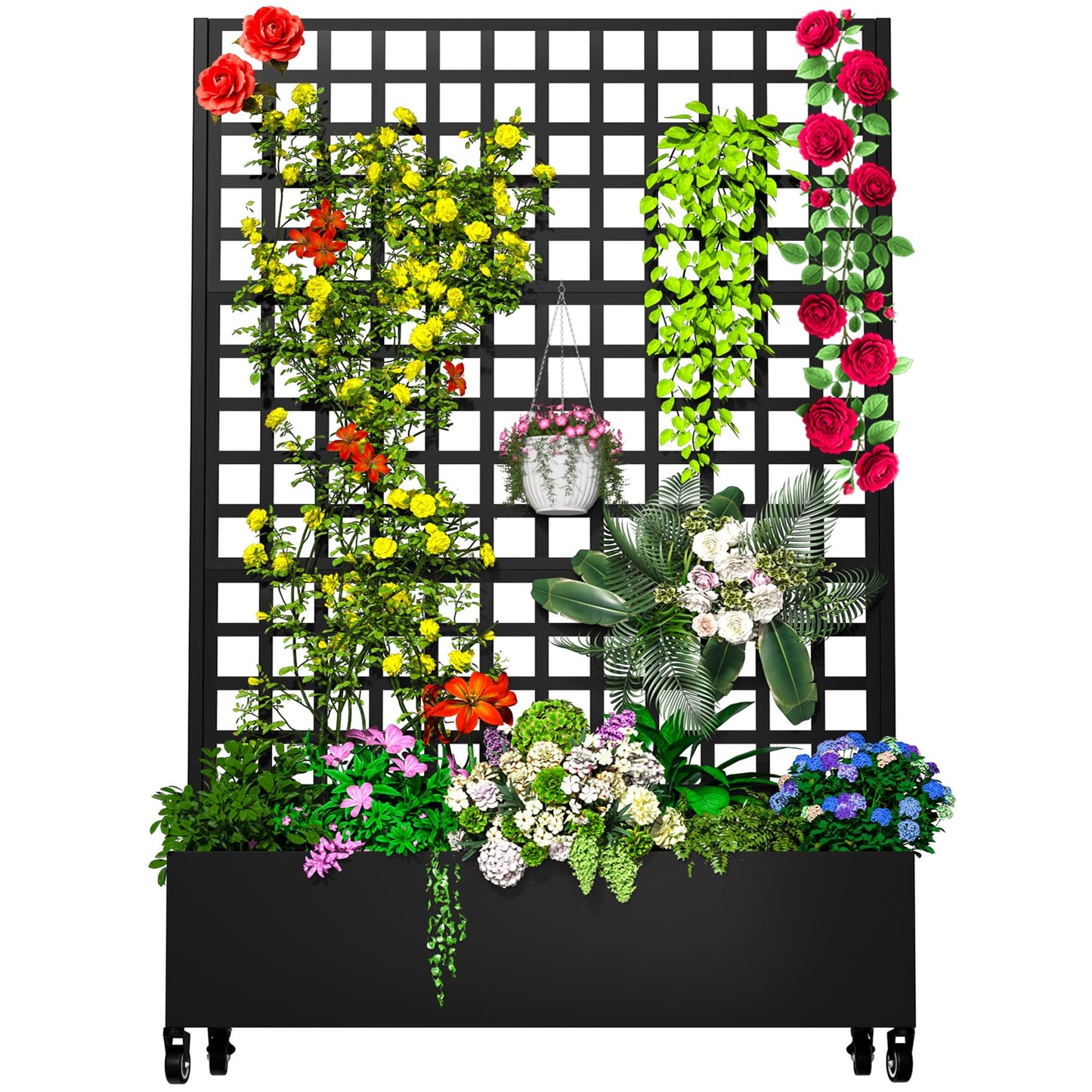 MTART Metal Planter Box with Trellis, 72"x47"x16" Outdoor Galvanized Raised Garden Bed with Privacy Screen & Drainage Holes & Lockable Casters for Climbing Plants, Vegetable, Vines (Black-Grid)