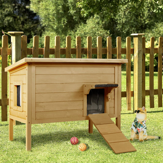 Ivy&Lane Outdoor-Cat-House | Insulated-Feral-Cat-Shelter | Weatherproof | for Winter | Foam & Wood | Large | for Multiple Cats | Fold-up Stair | Acrylic Window | Brown