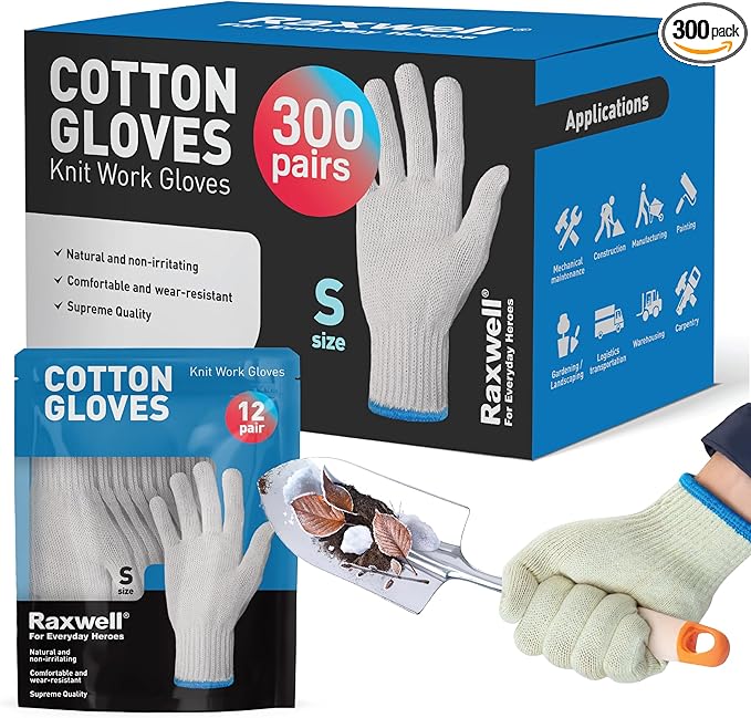 Raxwell White Cotton Gloves, 300 Pairs Bulk Case – Durable Knit Work Liners for BBQ, Painting, Gardening, Industrial, Mechanical Use, Small Size, Breathable, Comfortable