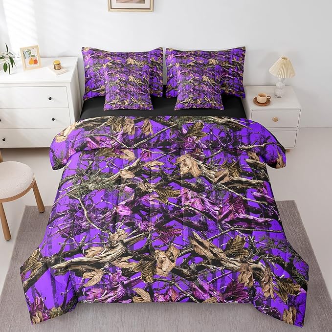 Feelyou Tree Branches 7 Pieces Bedding Set, for Kids Wild Hunting Bed Set Full Size Botanical Tree Bed in a Bag with Comforter, Sheets, Pillowcases Bedroom Decor Nature Theme Purple Brown