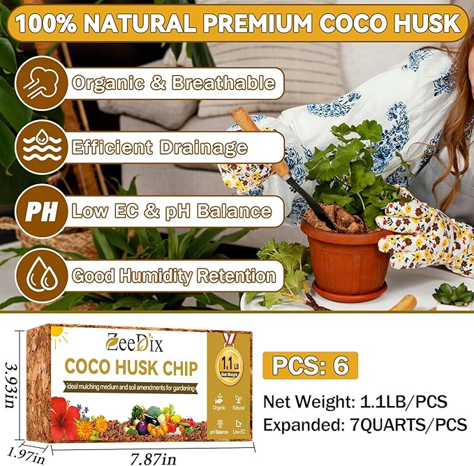 Zeedix 6 Pack Coco Husk Chips for Plants, 100% Organic Coconut Chips Mulch with Low EC & PH Balance, All Purpose for Indoor Plant Flowers Herbs Vegetables, Reptiles Terrarium Tanks Substrate(6.6LB)
