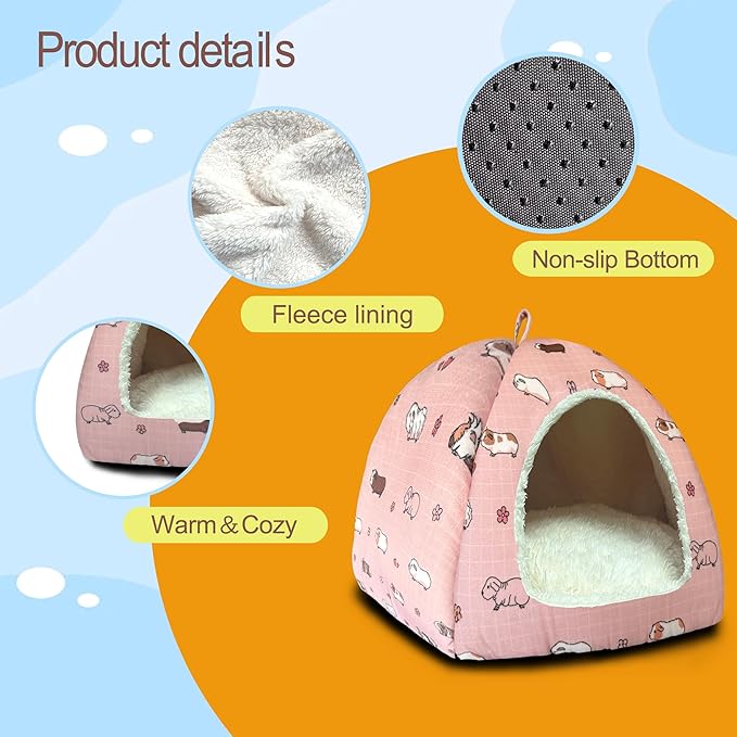 LUCKITTY Guinea Pig Hideout Bed 11.8-Inch Cube - Cozy Small Animal House for Guinea Pigs, Chew-Proof Hideaway with Ventilation (Pink, Adorable Guinea Pig Print)
