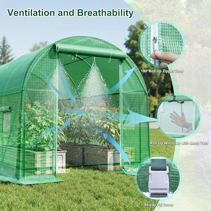 Greenhouse, Portable Greenhouses for Outdoors, Large Walk in Green House for Outside with Ventilated Roll-up Door and Reinforced Frame (Green, 12x7x7 ft w/ Irrigation System)