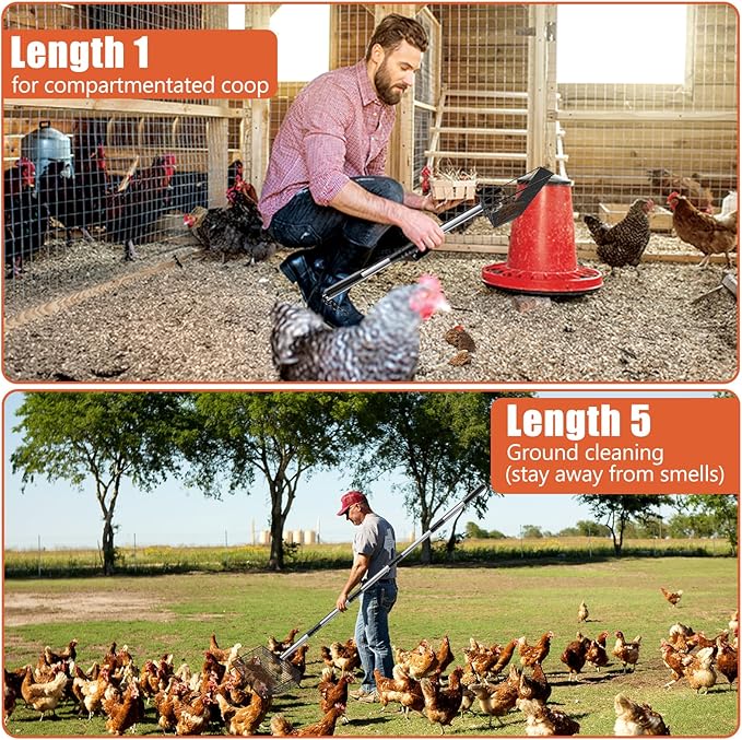 10 Inch Large Metal Chicken Poop Scooper for Sand & Coop Cleaning - Long Sifting Shovel with 24"-68" Adjustable Handle, 5 Lengths Heavy Duty Stainless Steel