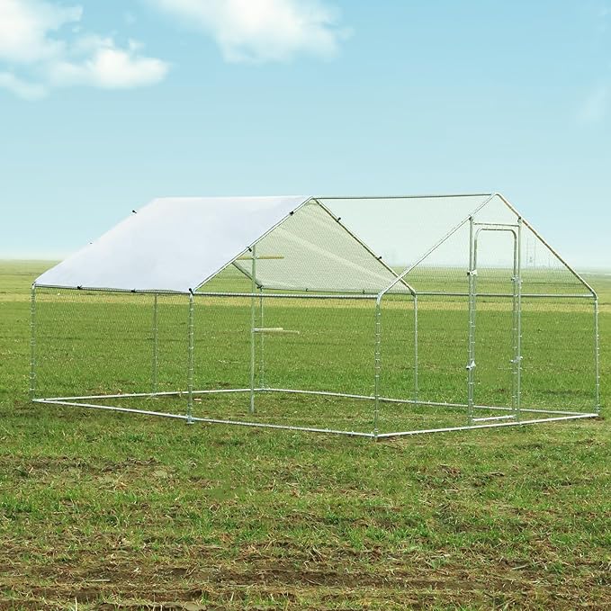 Chicken Coop Large Metal Chicken Run, Outdoor Walk-in Poultry Spire Roof Cage with Chicken Perch for Hen House, Duck Coop and Rabbit Run, Silver (9' L x 13.1' W x 6.56' H)
