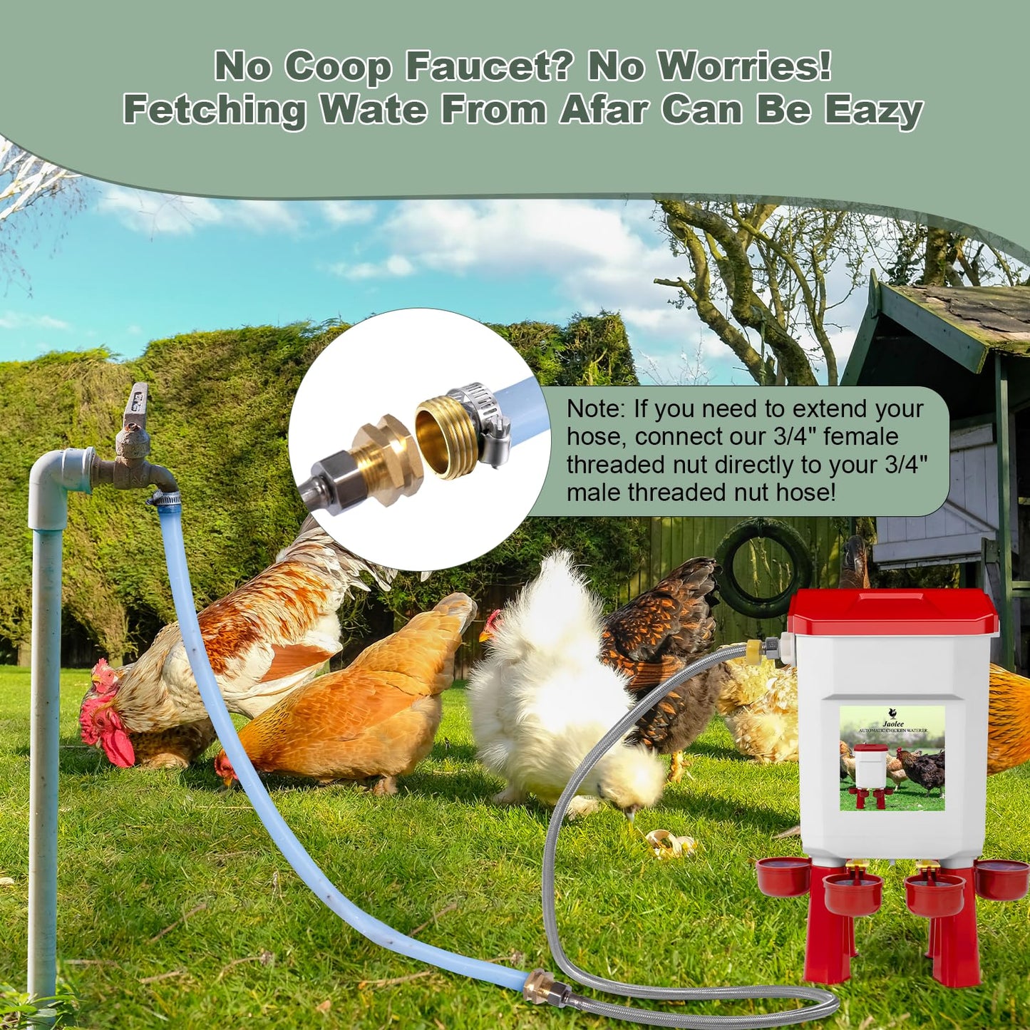 Automatic Chicken Waterer, Float-Controlled Chicken Water Feeder, Large Watering System with 60 Inch Water Hose (One End 3/4''), Poultry Waterer for Duck Quail Turkey Chick (2 Gallons, Red)