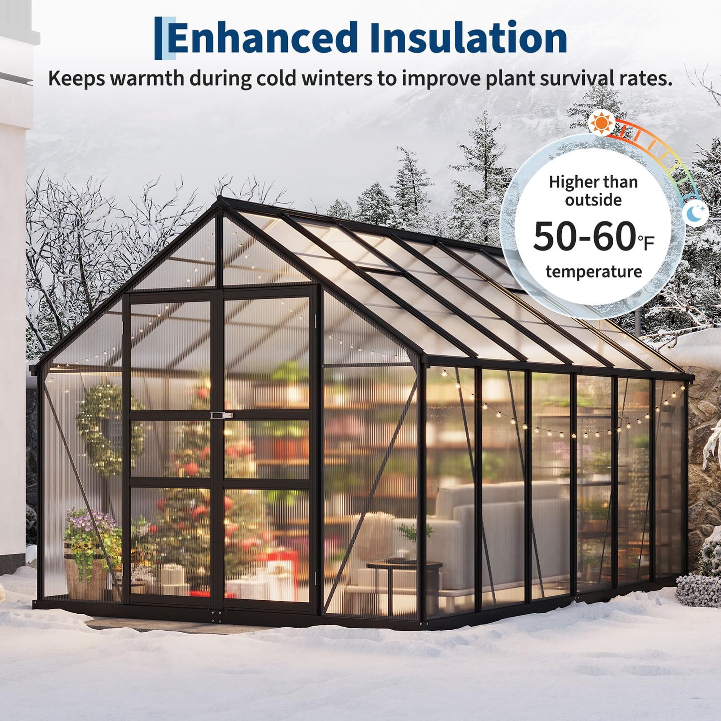 8x12 FT Greenhouse for Outdoors, Polycarbonate Greenhouse with Roof Vent, Ground Nails, Lockable Push Door, Aluminum Large Walk-in Green House for Outside Garden Backyard, Patio, Lawn